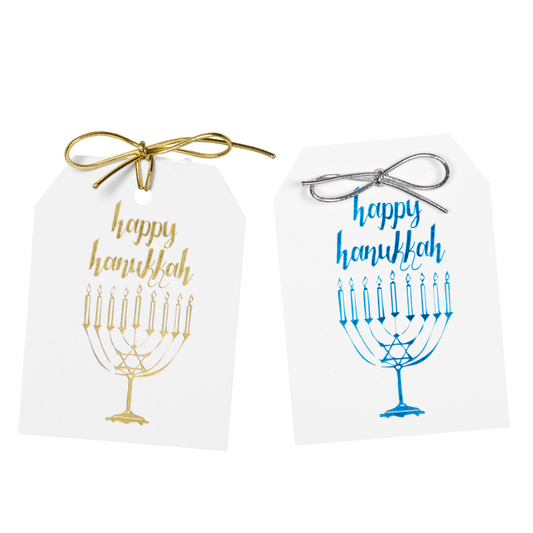 Gift Tags - Gold & Blue Foil Happy Hanukkah Menorah Tags - Set of 10