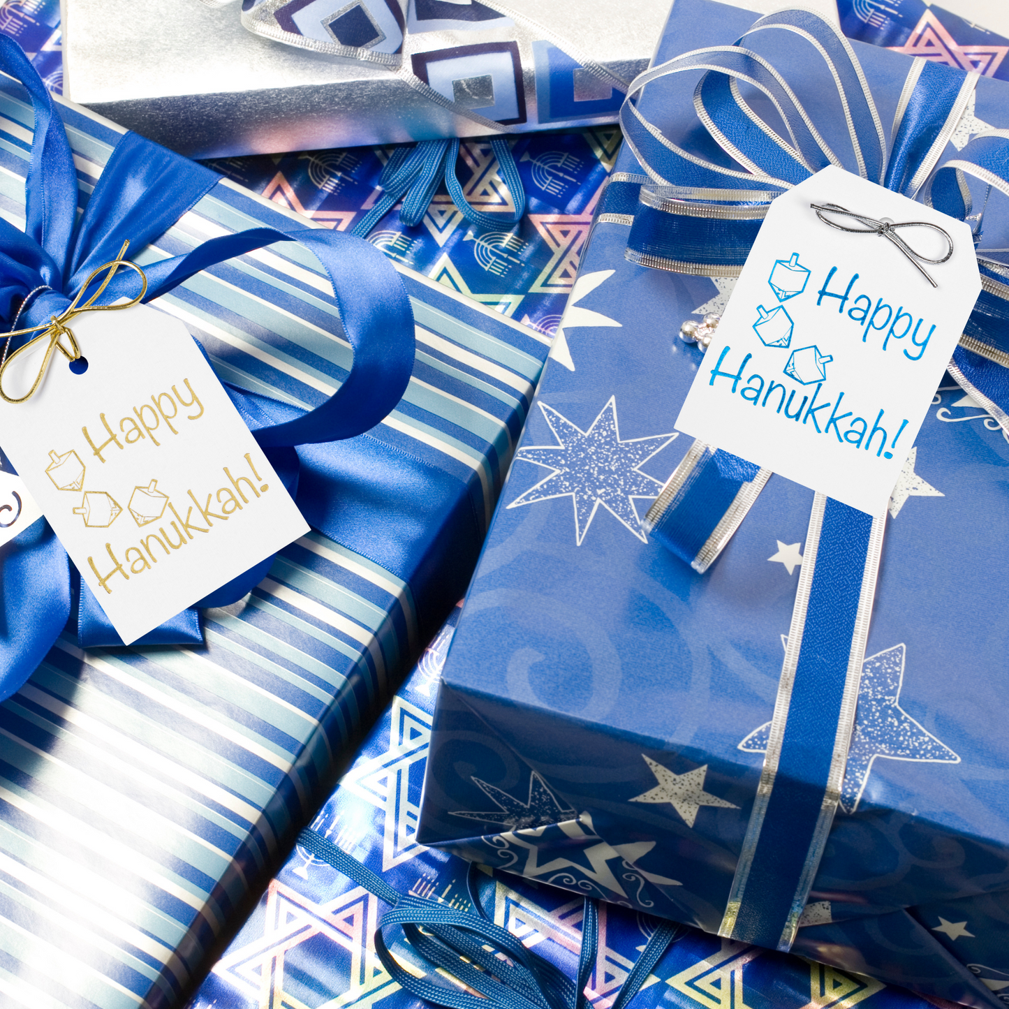 Gift Tags - Gold & Blue Foil Happy Hanukkah Dreidel Tags - Set of 10