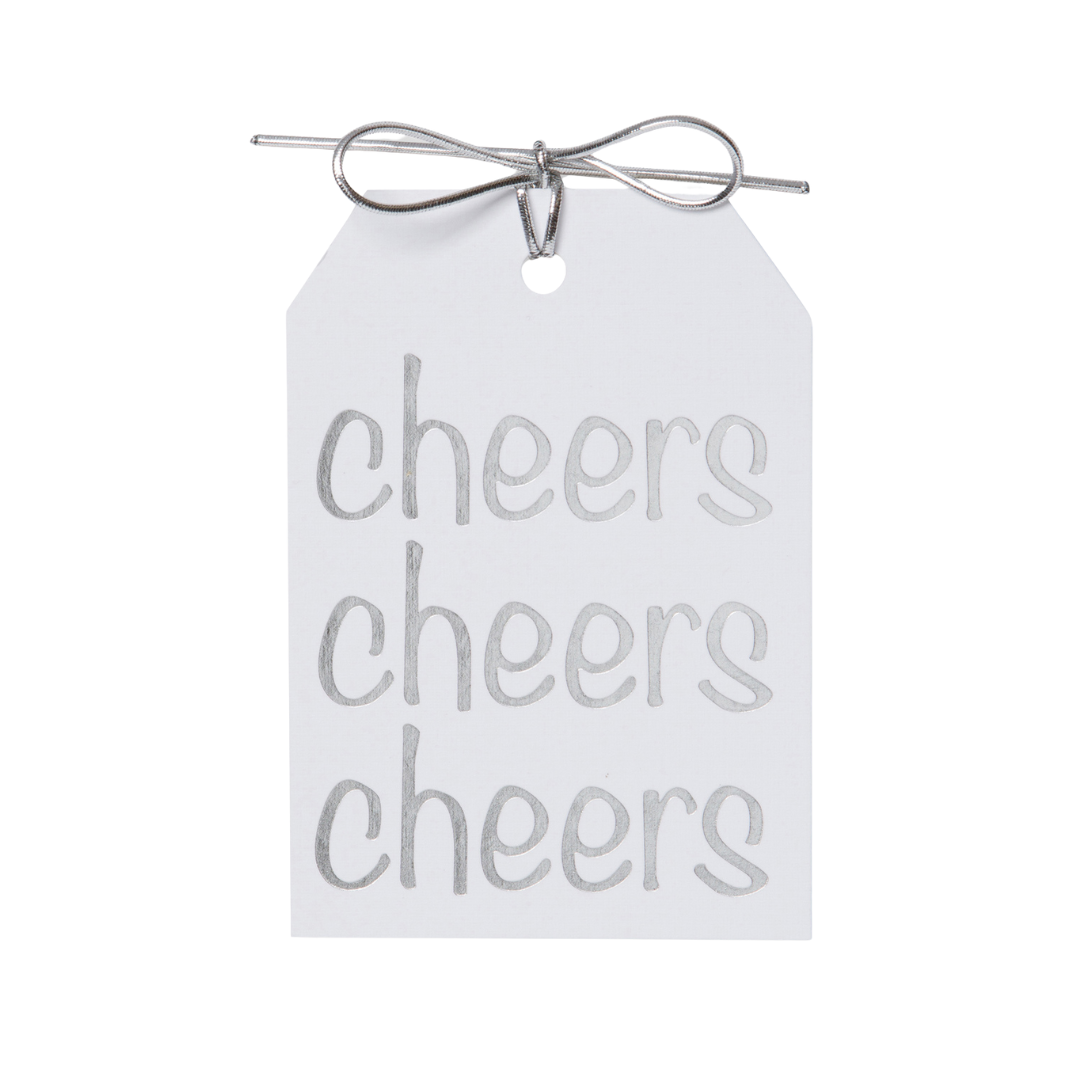 Set of 10 large “Cheers” gift tags with silver foil on black, white, and gray paper, includes silver elastic ties, perfect for celebrations and wine gifts.
