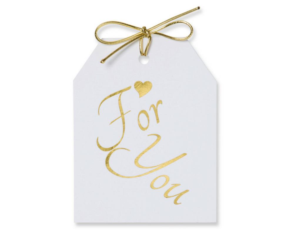 Gold foil For You with a gold heart above for, on white linen paper with a metallic gold tie. 3.5x4.5