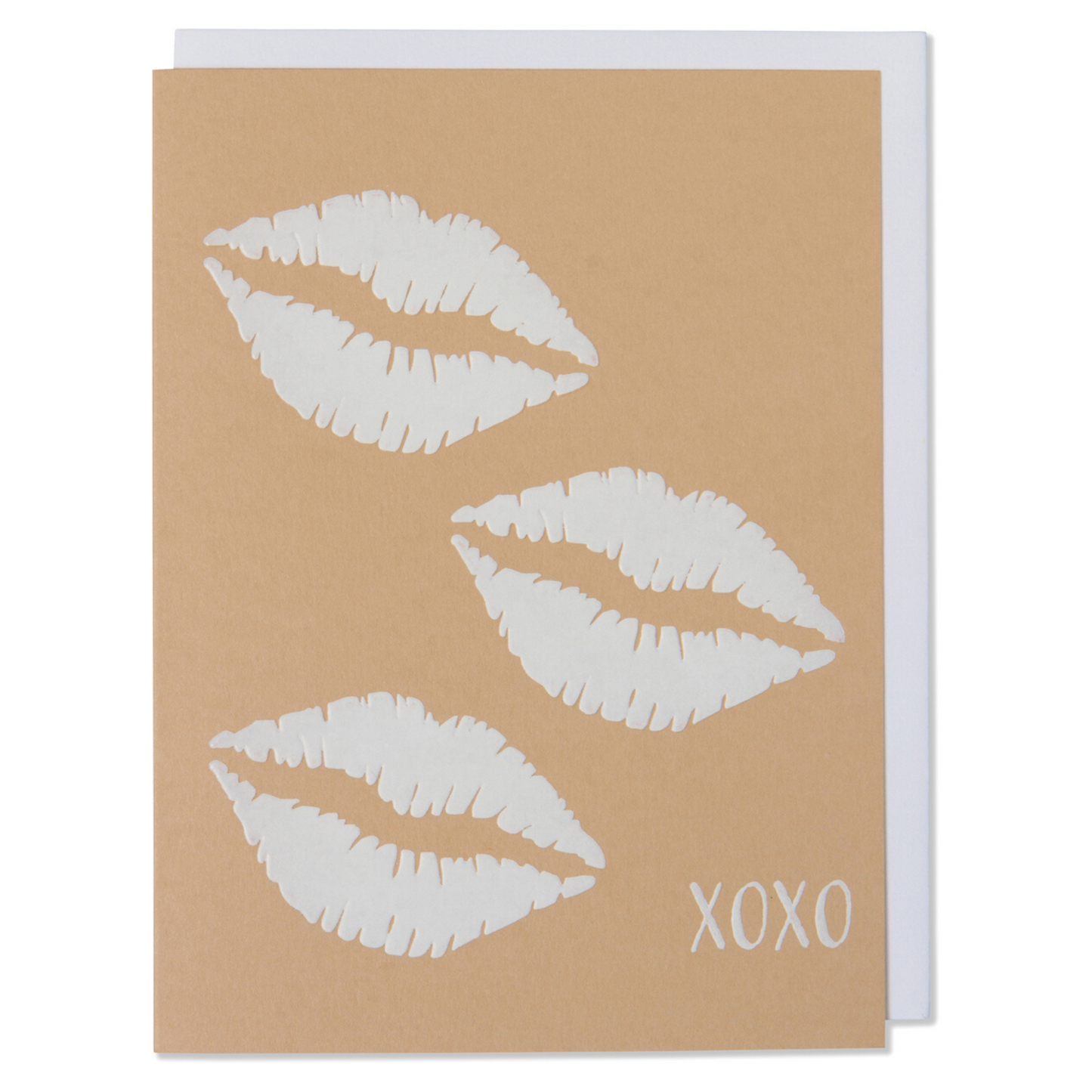 Lips XOXO White Foil Embossed Card on Tan Paper with a bright white envelope
