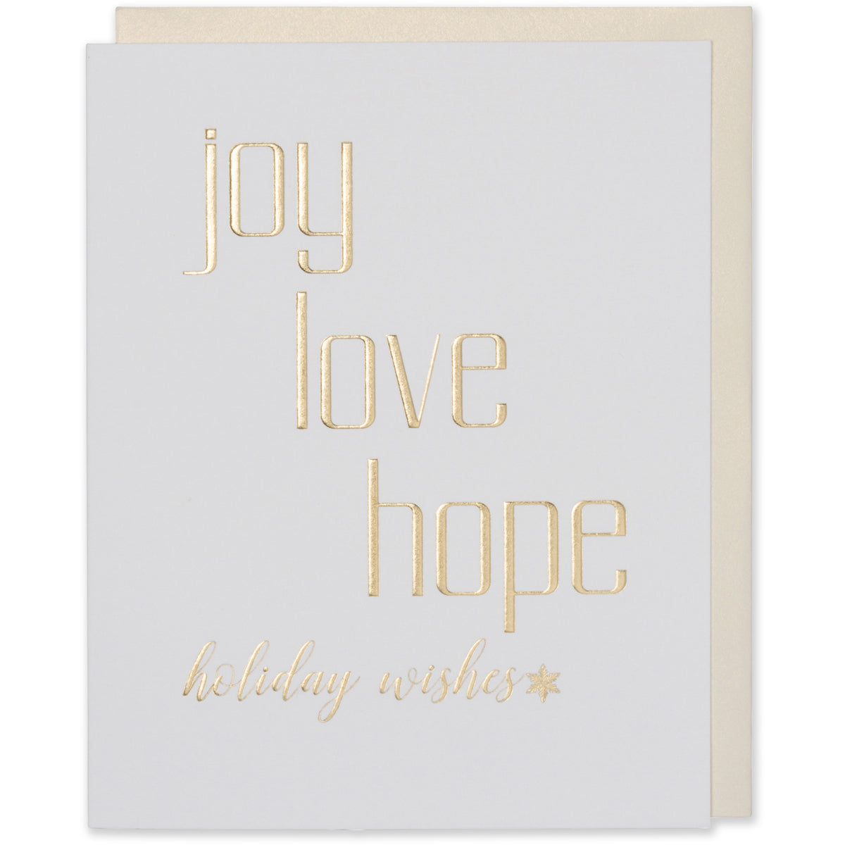 Gold Foil Embossed Joy Love Hope holiday wishes, with a star image and a bright white paper and a white gold metallic envelope