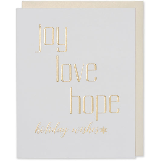 Gold Foil Embossed Joy Love Hope holiday wishes, with a star image and a bright white paper and a white gold metallic envelope