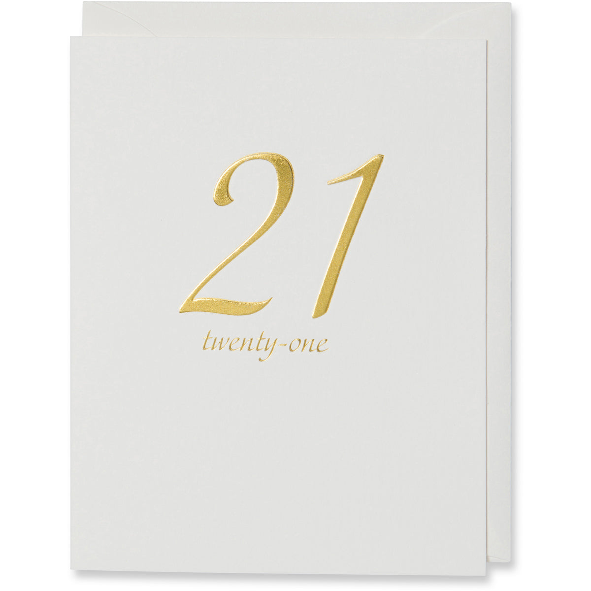 Twenty-one (21st) Birthday Card. Gold Foil Embossed on natural white paper with a natural white or a white gold metallic envelope.