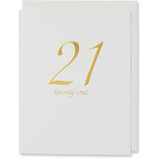 Twenty-one (21st) Birthday Card. Gold Foil Embossed on natural white paper with a natural white or a white gold metallic envelope.