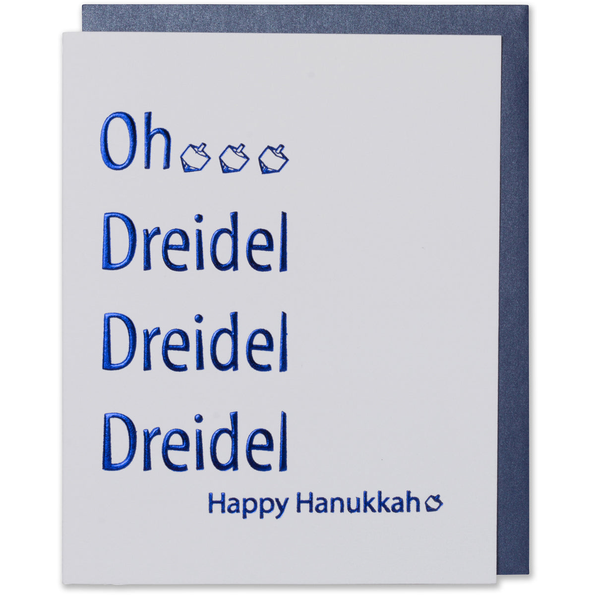 Hanukkah card with dreidel lyric in blue foil on white paper