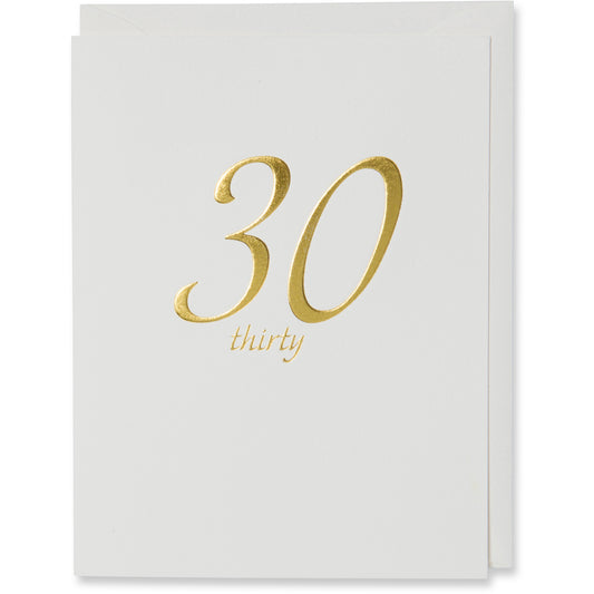 Elegant 30th birthday card with gold foil stamped and embossed '30' and 'thirty' on natural white paper, paired with a matching envelope or metallic white gold envelope.