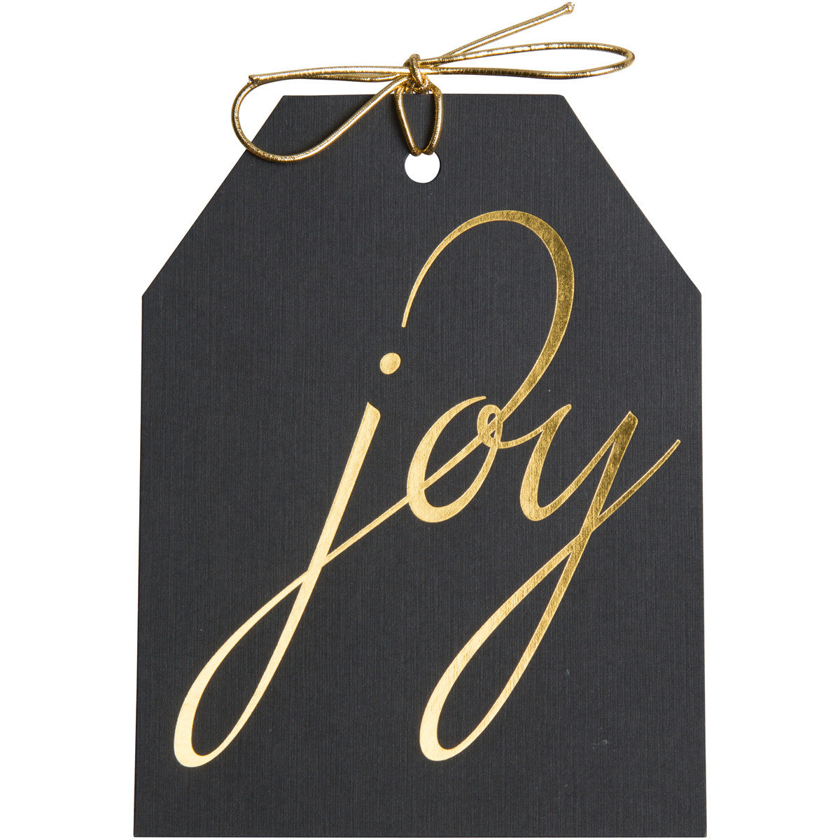 Joy gold foil gift tags on black linen paper with metallic gold ties. 4x5.5"