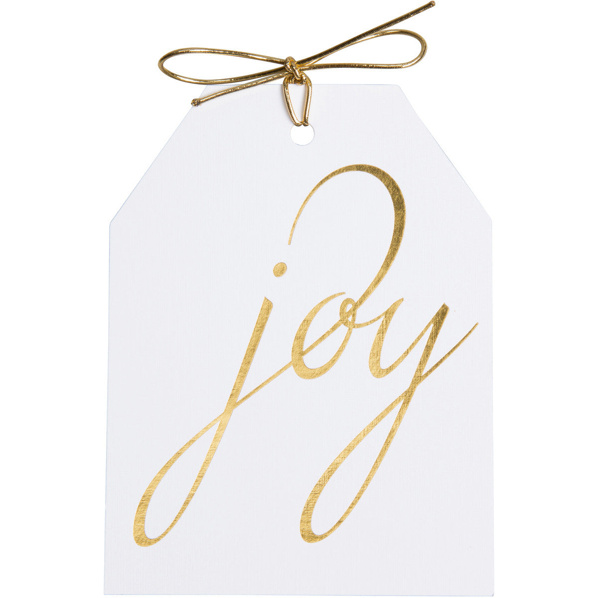 Joy gold foil gift tags on white linen paper with metallic gold ties. 4x5.5"