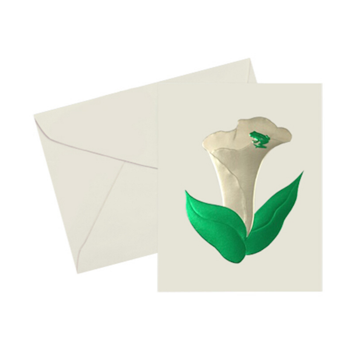 Gold and green foil embossed flower with a little green foli frog on the gold foil flower. 5x7 vintage note card with a gold foil-lined envelope