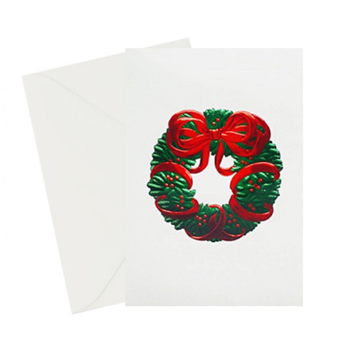 Wreath Vintage Season's Greetings card, red and green foil embossed