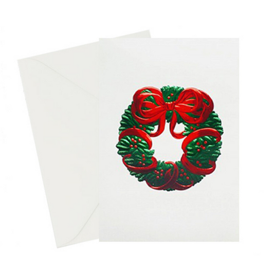 Wreath Vintage Season's Greetings card, red and green foil embossed