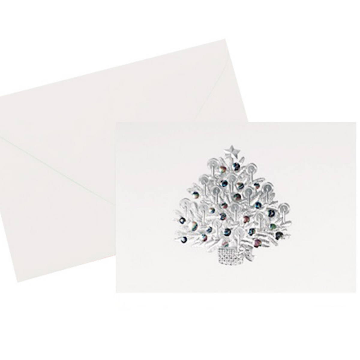 Silver foil embossed with holographic foil embossed ornaments on this beautiful vintage Christmas Tree holiday card.  5x7 inche. White paper with a white envelope.