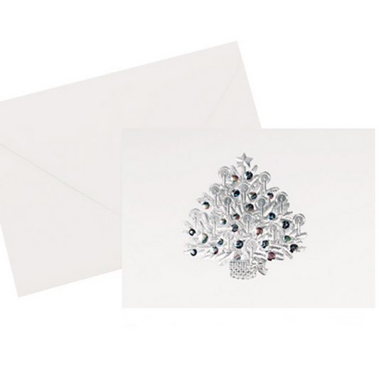 Silver foil embossed with holographic foil embossed ornaments on this beautiful vintage Christmas Tree holiday card.  5x7 inche. White paper with a white envelope.