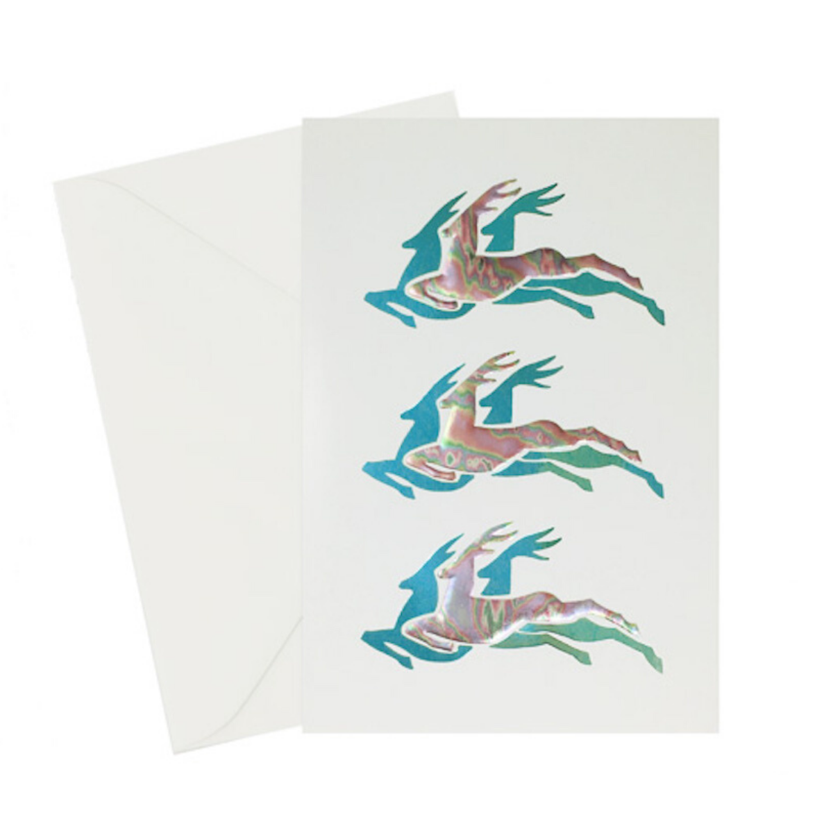 Reindeer Card, Blue and holographic blue foil stamped and embossed cards, ivory cover paper