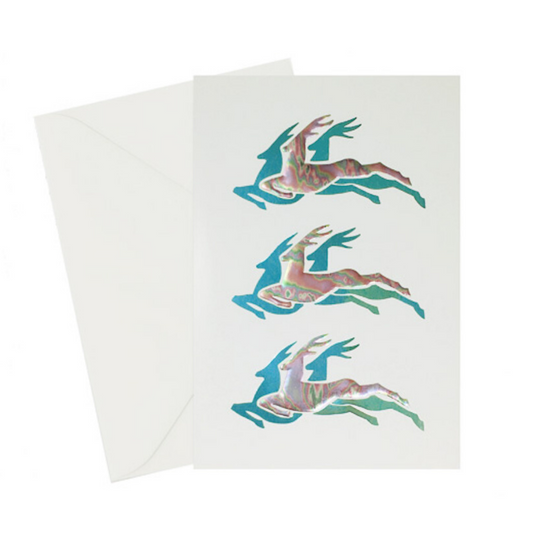 Reindeer Card, Blue and holographic blue foil stamped and embossed cards, ivory cover paper