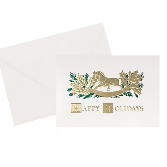 Rocking Horse Vintage holiday card, green foil stamped and embossed