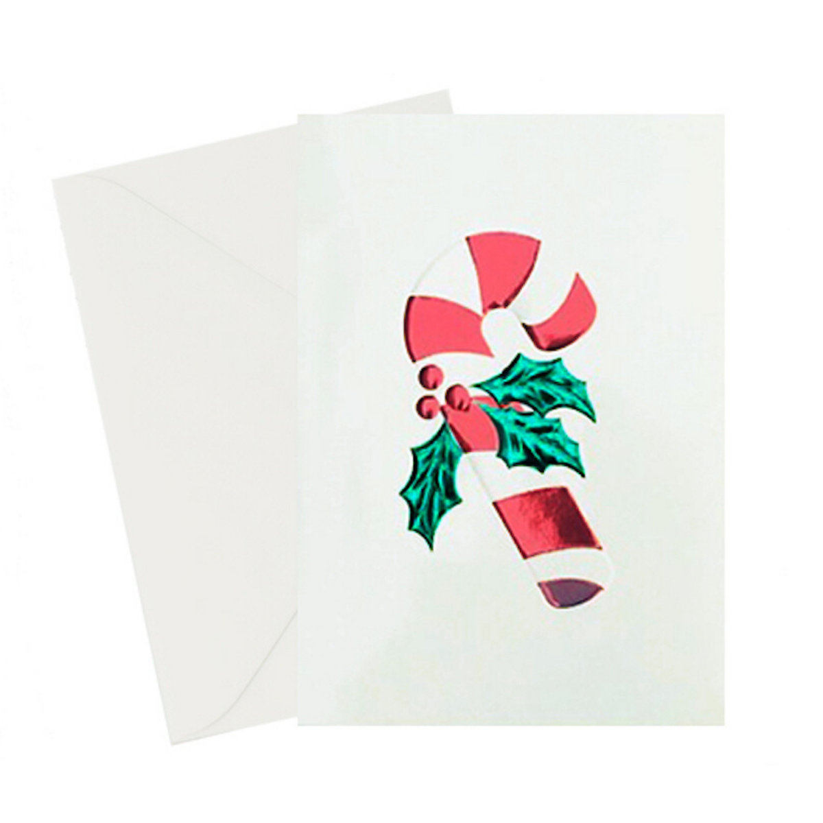 Vintage Candy Cane Holiday Chirstmas Card with red and green foil embossed on the card. 5x7 with an ivory envelope