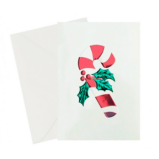 Vintage Candy Cane Holiday Chirstmas Card with red and green foil embossed on the card. 5x7 with an ivory envelope
