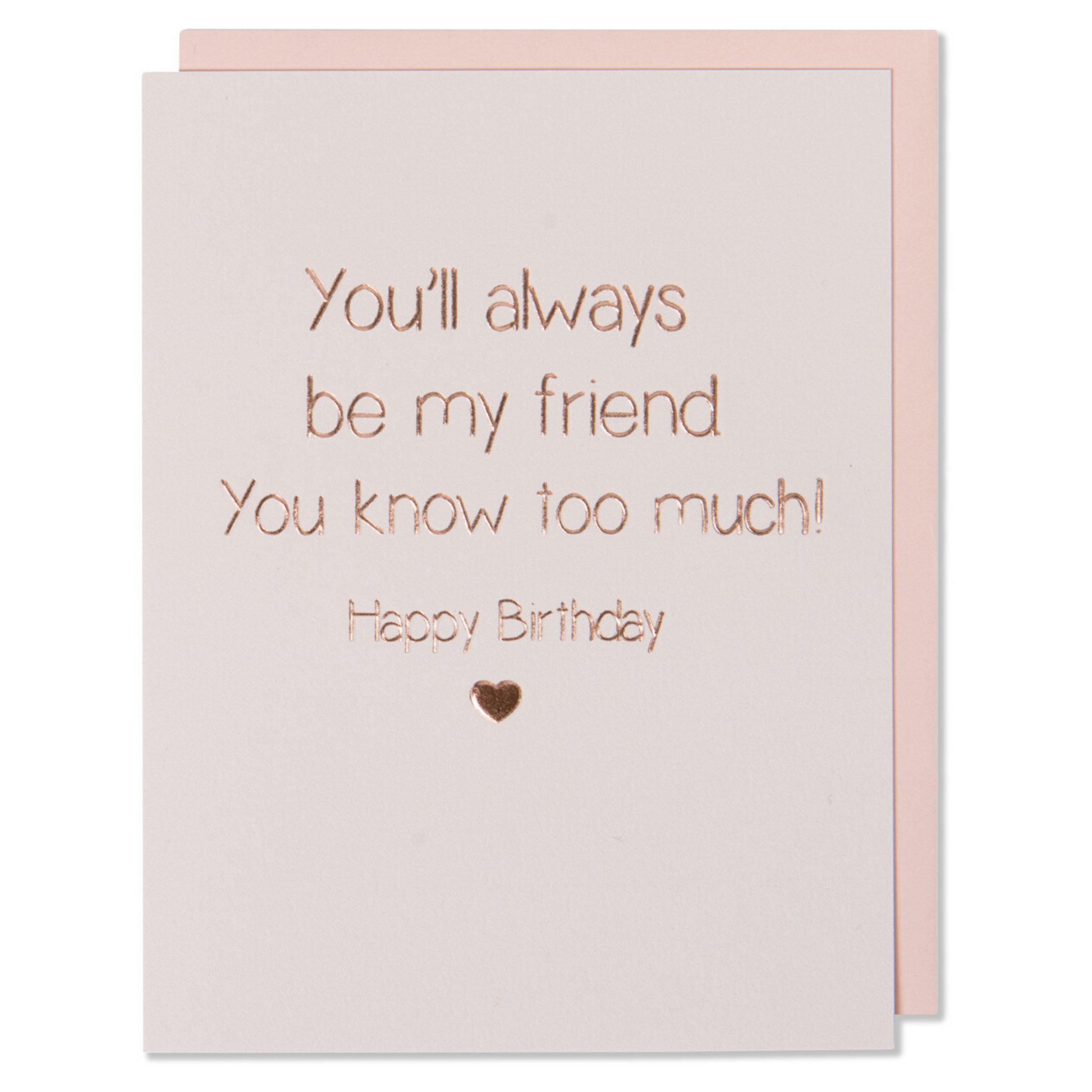 Rose Gold Foil Happy Birthday Card. You Will Always Be My Friend You Know Too Much! Happy Birthday. Light Pink Paper with a blush envelope.