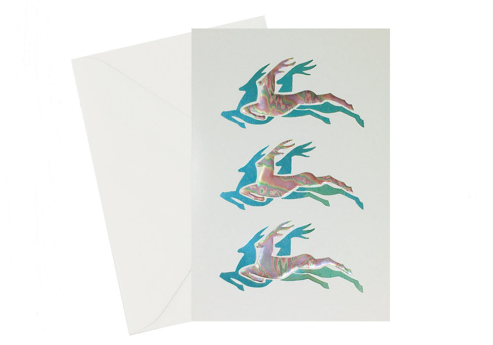 Flying Reindeer Holiday Card, 90s Foil Christmas Set of Cards