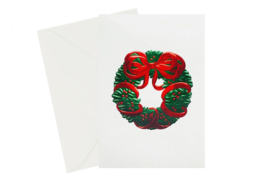 Wreath Vintage Season's Greetings card, red and green foil embossed
