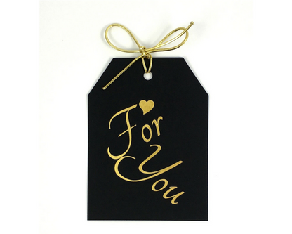 Gold foil For You with a gold heart above for, on black linen with a metallic gold tie. 3.5x4.5