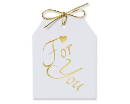 Gold foil For You with a gold heart above for, on white linen paper with a metallic gold tie. 3.5x4.5