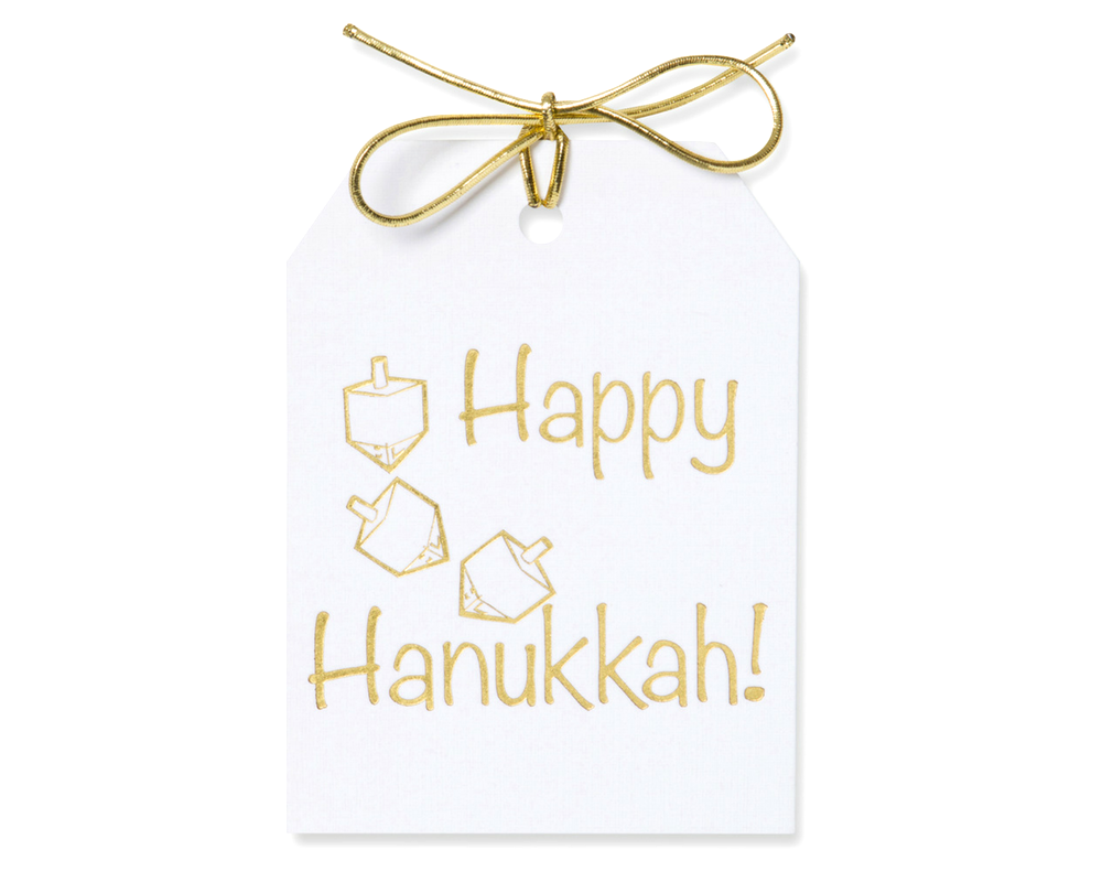 Gold foil Happy Hanukkah!, with an iImage of a dreidel gift tag in gold foil on white linen paper. with a gold metallic tie.3.5x4.5"