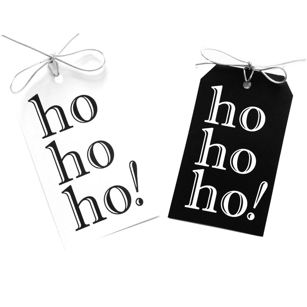 ho ho ho! gift tags with black and white foil on black and white linen paper  with metallic silver ties. 3x5"