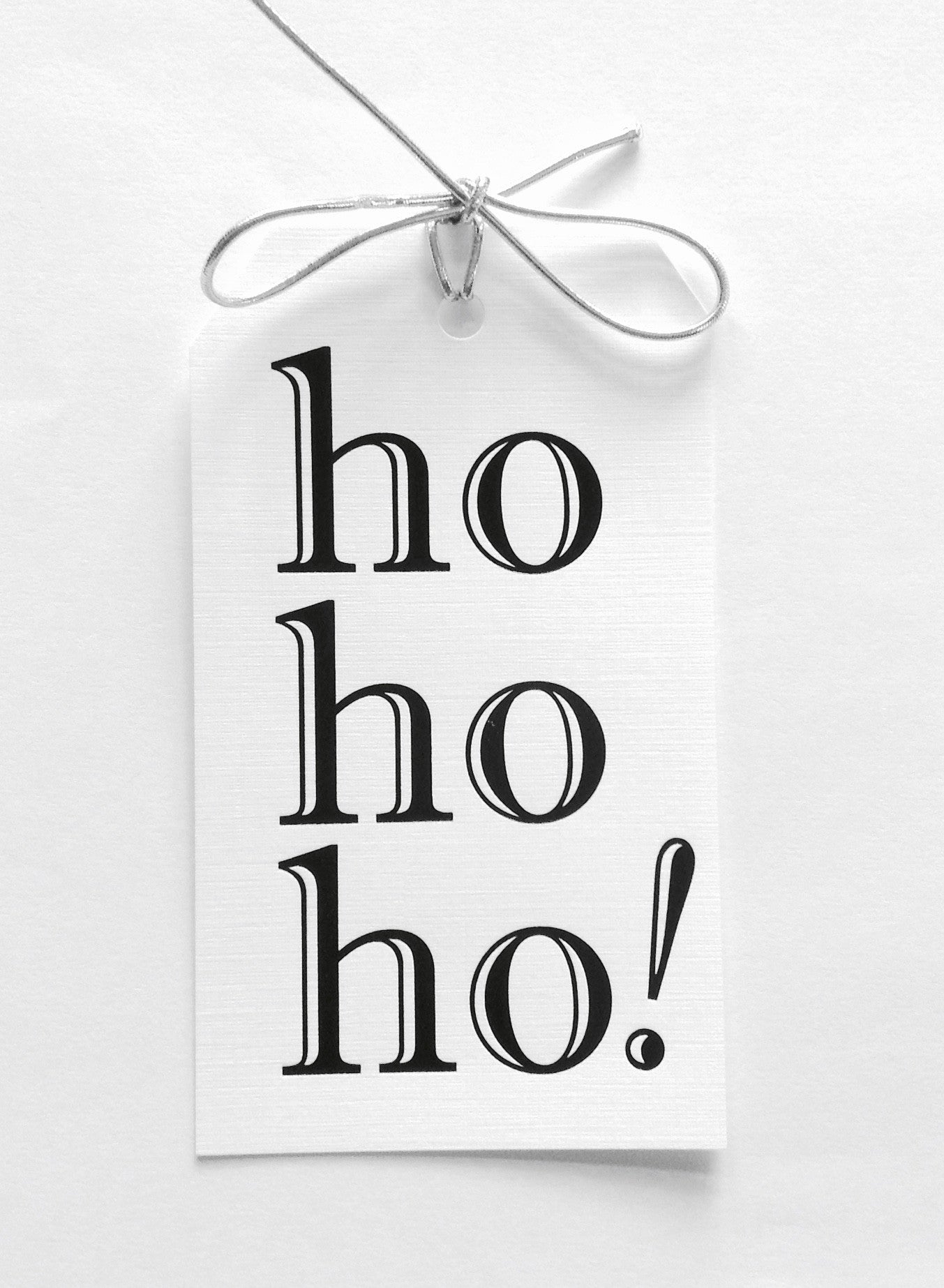 ho ho ho! gift tags with black foil on white linen paper with metallic silver tie. 3x5"