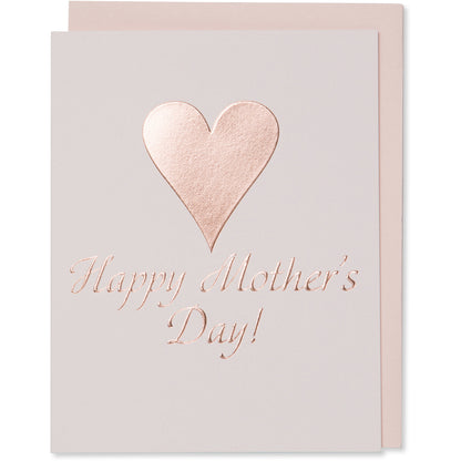 Rose Gold Foil Embossed Happy Mother's Day! Card with a big rose gold foil  heart. Light pink cotton paper with a blush envelope