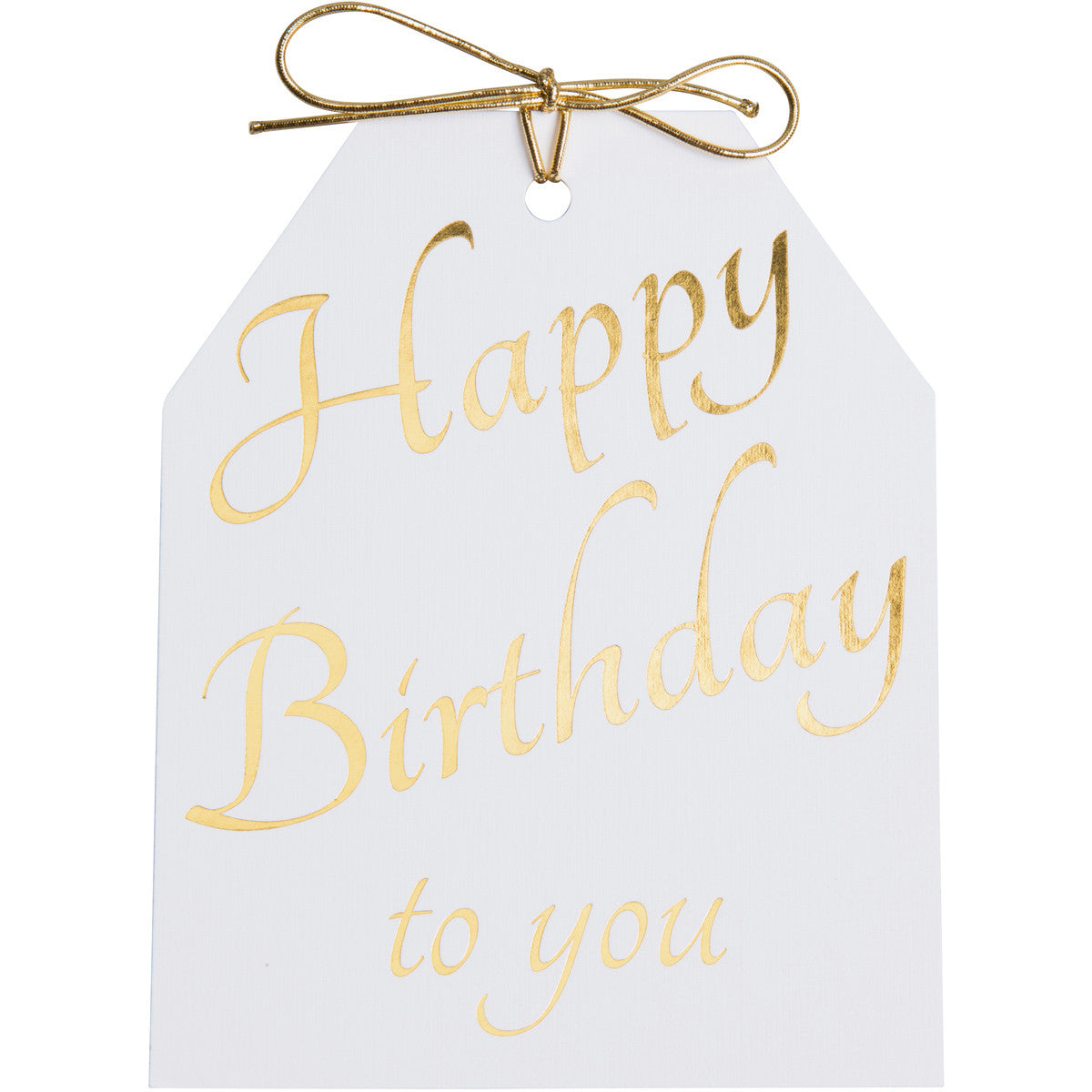 Gold foil Happy Birthday to you gift tags. White linen paper with metallic gold tie. 4x5.5