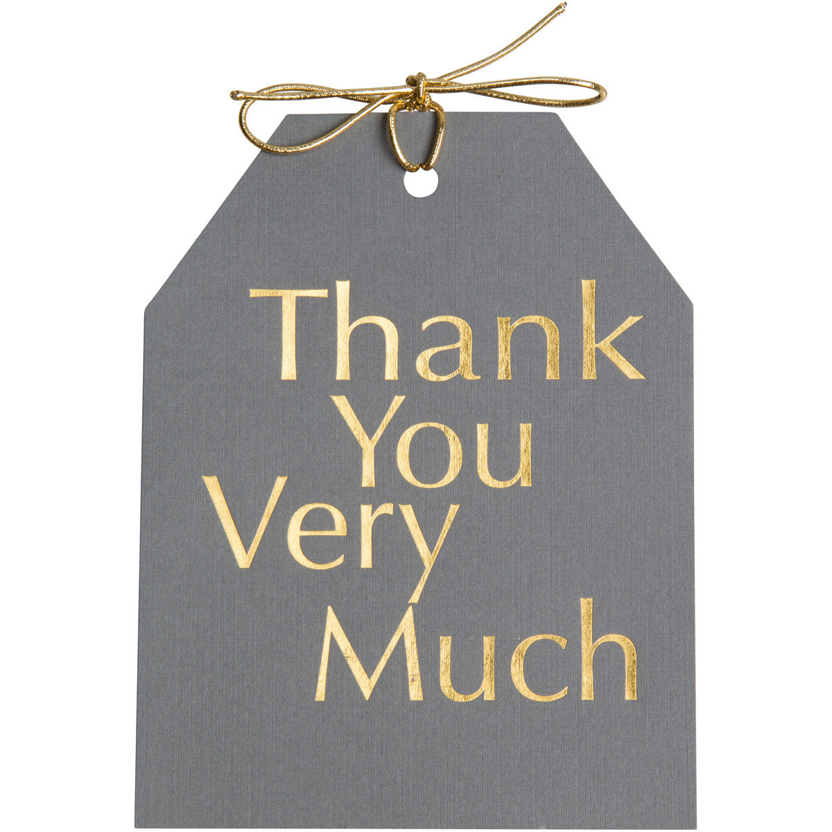 Gold foil Thank You Very Much gift tags with metallic gold tie on gray linen paper. 4x5.5"