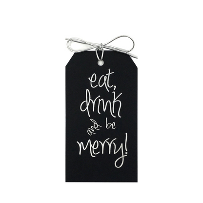 Silver foil Eat drink and be Merry! Gift tags on  black paper. These tags come with silver metallic ties. They are a large size