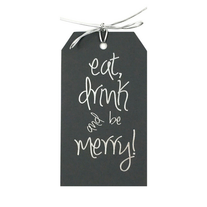 Silver foil Eat drink and be Merry! Gift tags on gray paper. These tags come with silver metallic ties. They are a large size
