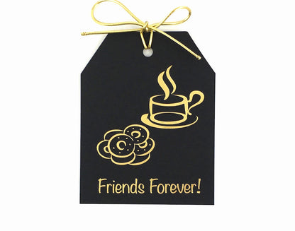 Gold Foil Friends Forever! Gift Tags with an image of donuts and coffee in gold foil. Black linen paper with metallic gold ties.