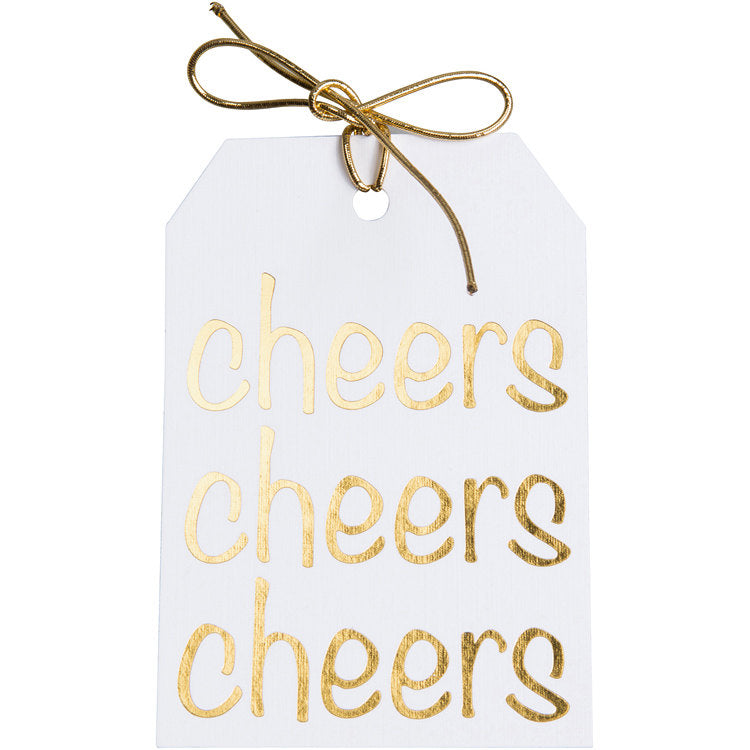Gold foil on white paper Cheers gift tag with a metallic gold tie. 3x4 inches