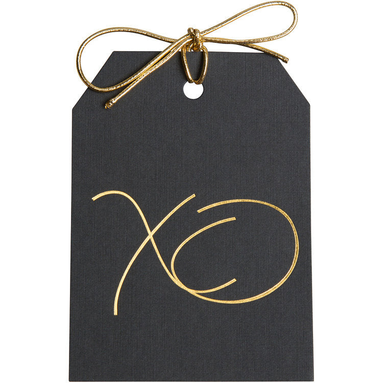 Gold foil XO gift tags on black paper with metallic gold ties. 3x4"